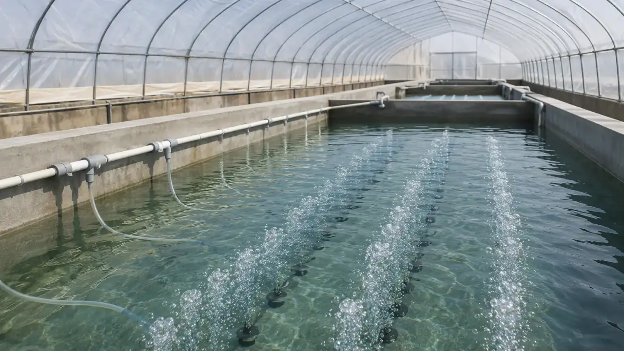 Cultivo de camarão em tanques de cimento cobertos por estufa com aeração por mangueira microporosa