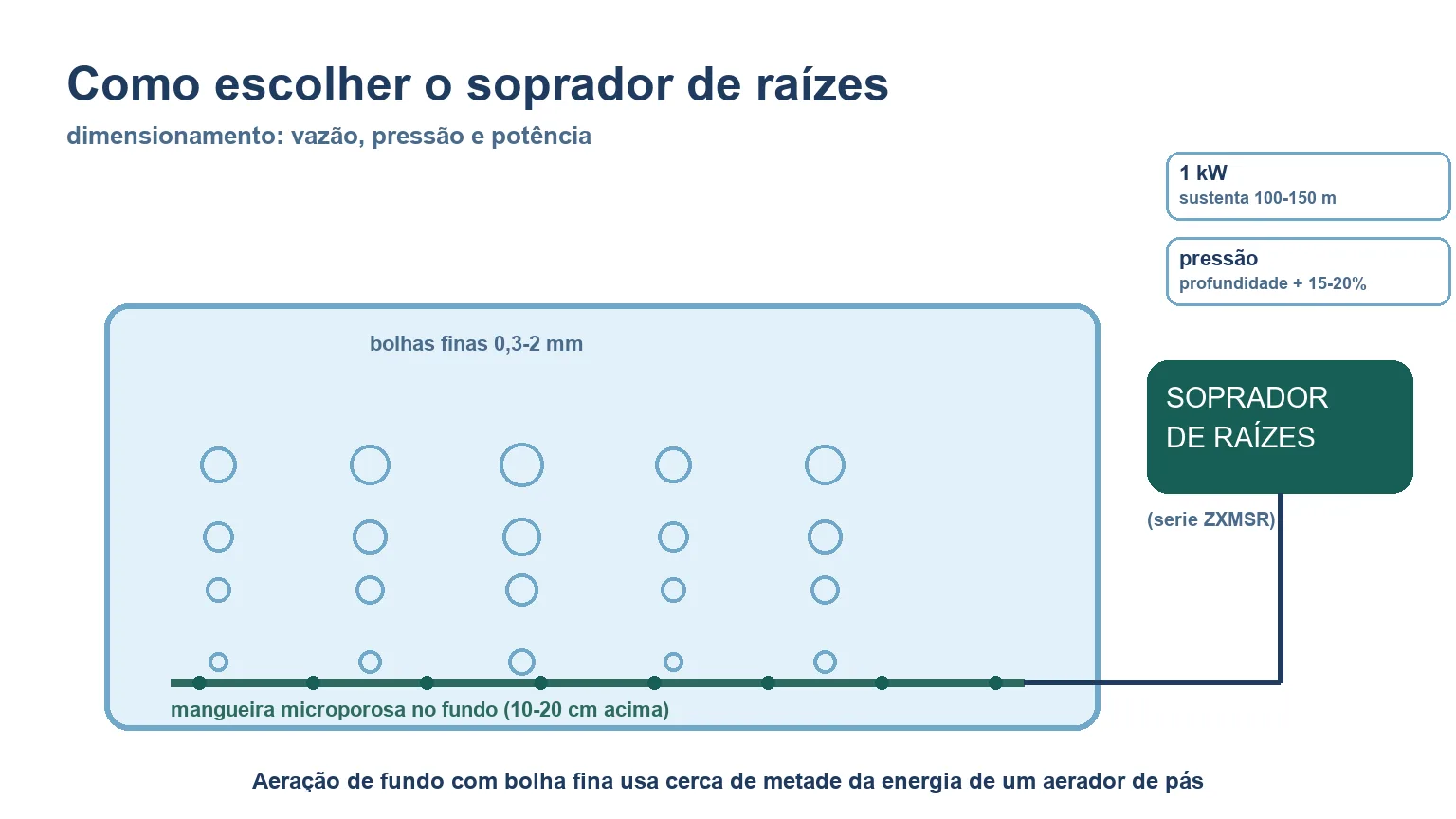 Soprador de raízes aquicultura: dimensionamento da mangueira microporosa no fundo do viveiro