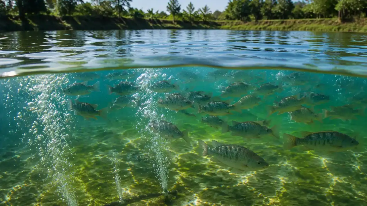 Peixes saudáveis em viveiro com água limpa e aeração — prevenção de doenças na piscicultura