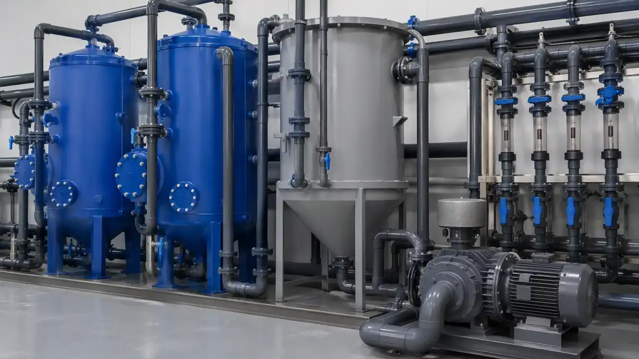 Área de tratamento de água de sistema de recirculação aquicola industrial com filtros e soprador de raízes